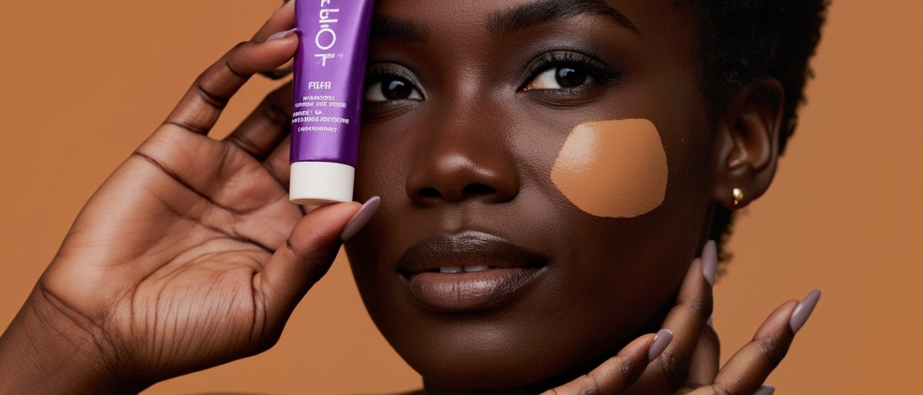 African Woman Holding 'Evin' Foundation with Swatches