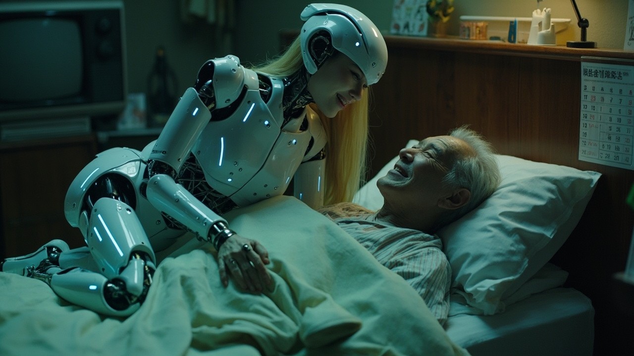 Aged Chinese Man Enjoying Robotic Wife's Affection at Night