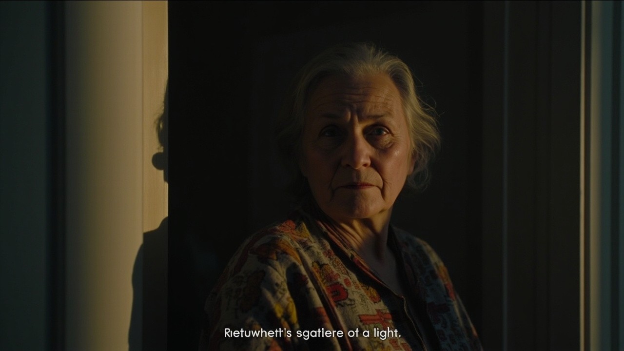 Aged Lady Patiently Waits at Luminous Door