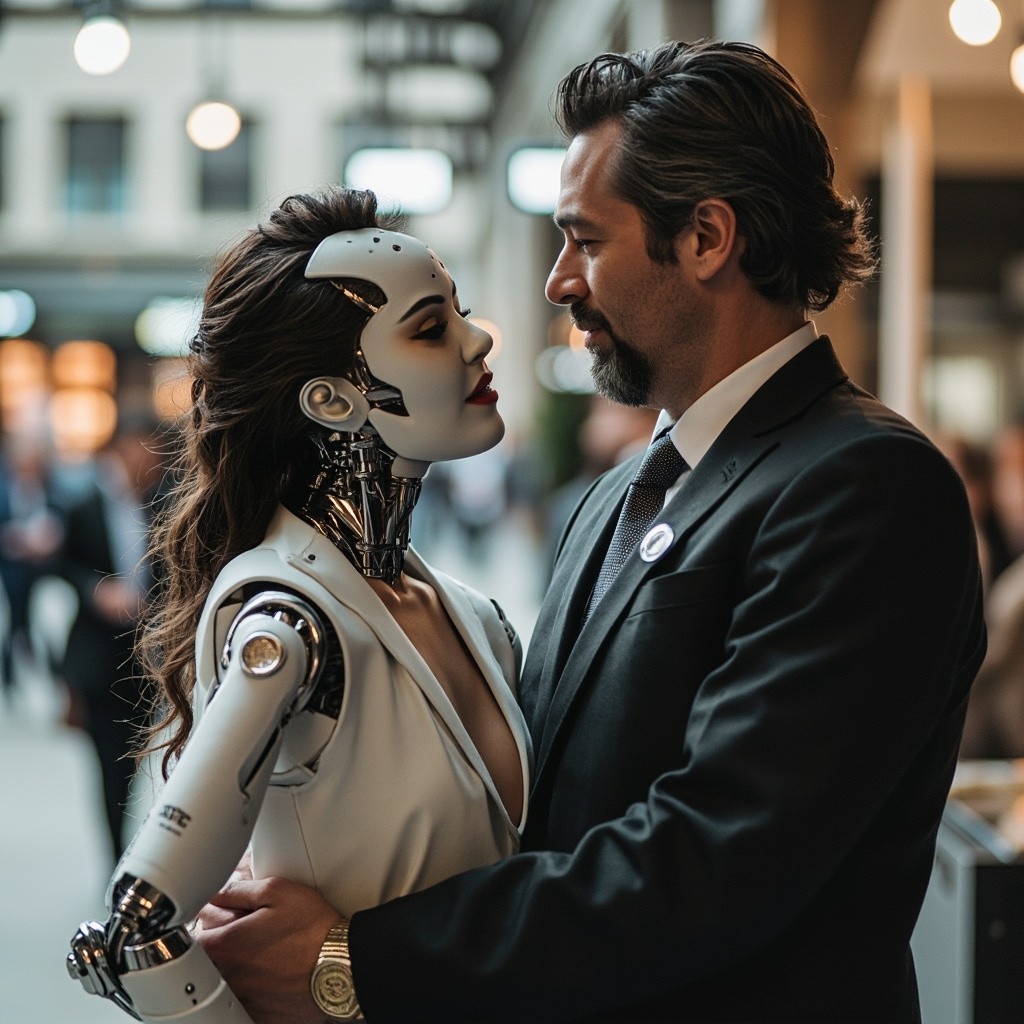 Albert Ankhoa Posing with a Gorgeous Female Robot