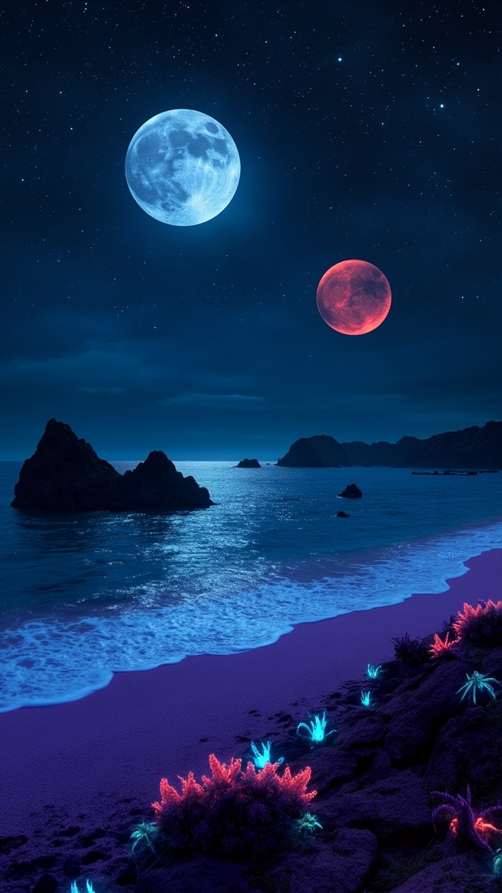 Alien Beach Under Starry Night with Glowing Flora