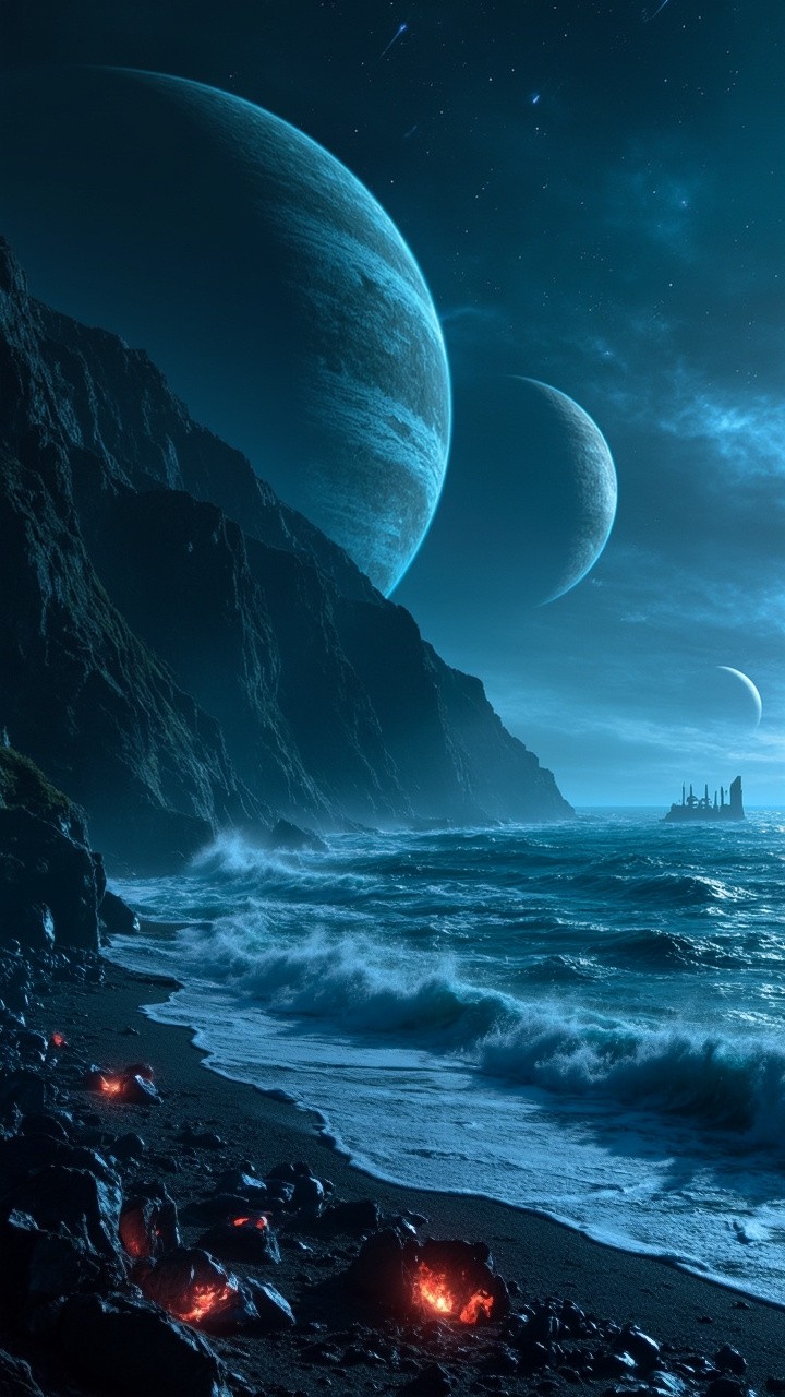 Alien Coastline at Night with Moons and Ruins