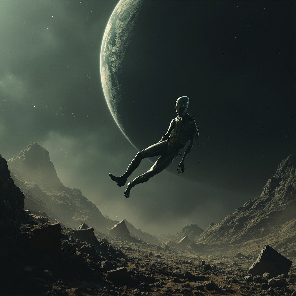 Alien Floating Amidst Ruins and Stardust in Darkness