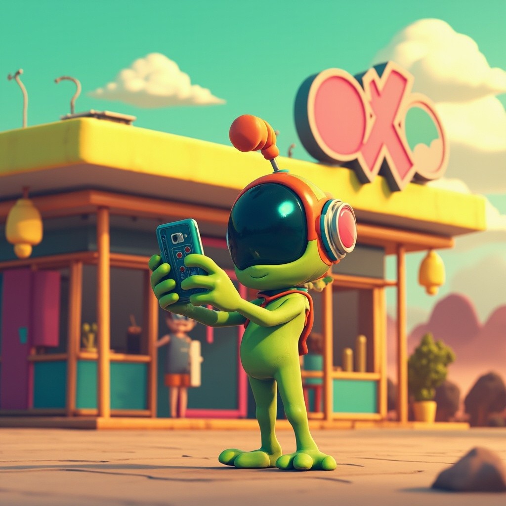Alien Taking Selfie at OXXO in Sunny Mexico