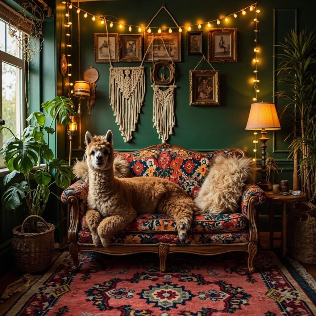 Alpaca Relaxing in Maximalist Boho-Style Living Room