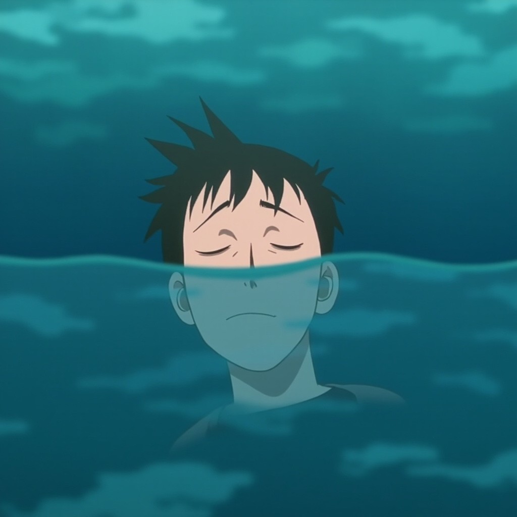 An Animated Person Drowning with Eyes Closed