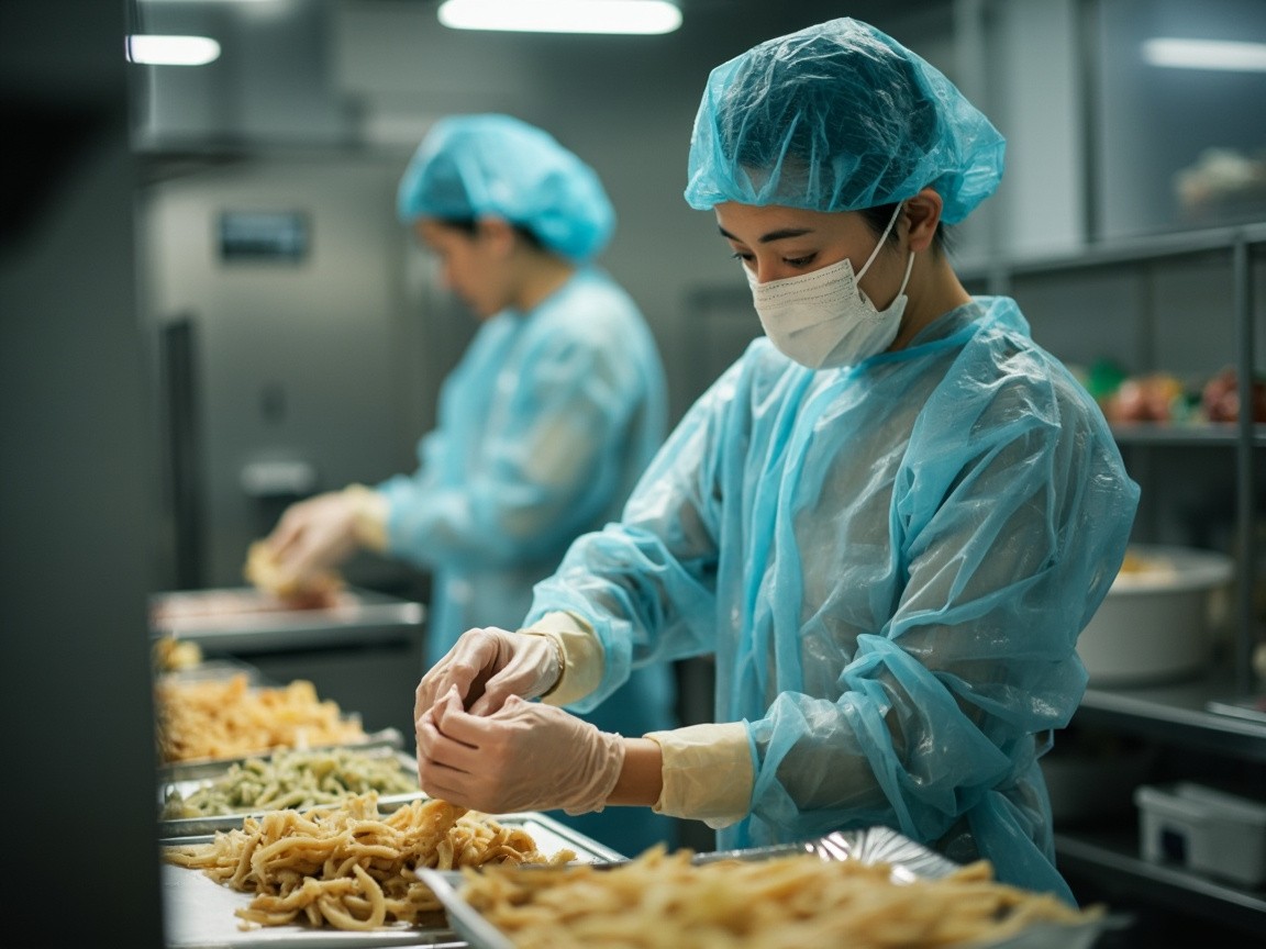 An Asian Making Food in Sanitary Clothing at Factory