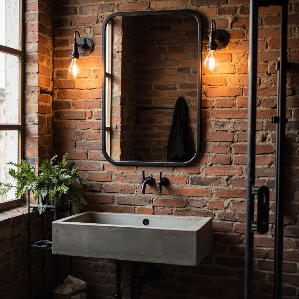 An Industrial-Style Bathroom with Exposed Brick Wall