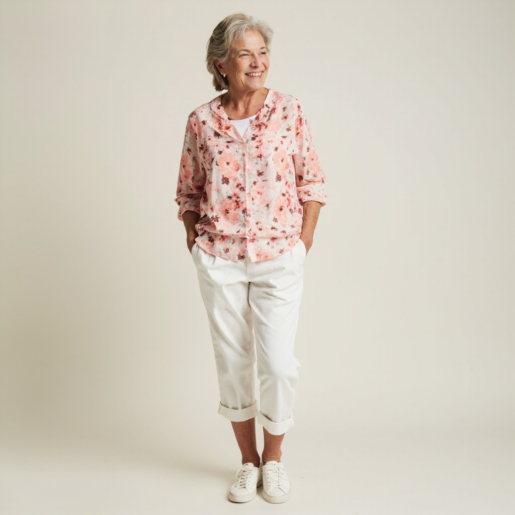 An Older Lady in Pink Floral Outfit