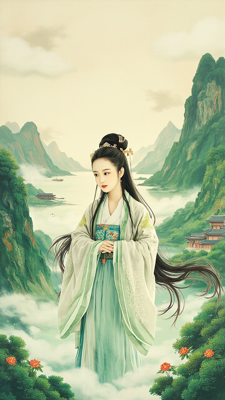 Ancient Dressed Girl Amid Green Hills and Waters