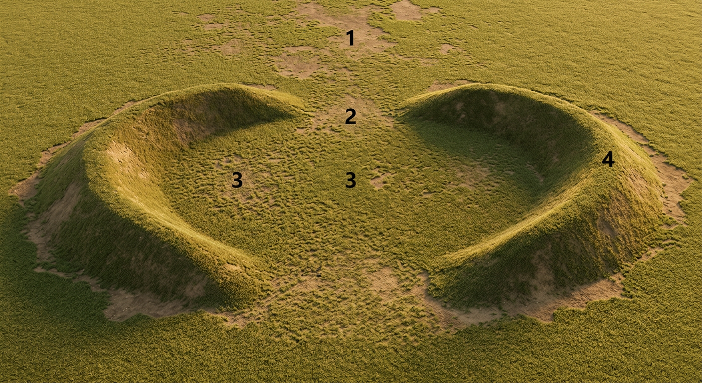 Photorealistic render of ancient earthwork mounds in a grassy terrain. Photorealistic render of ancient earthwork mounds in a grassy terrain.