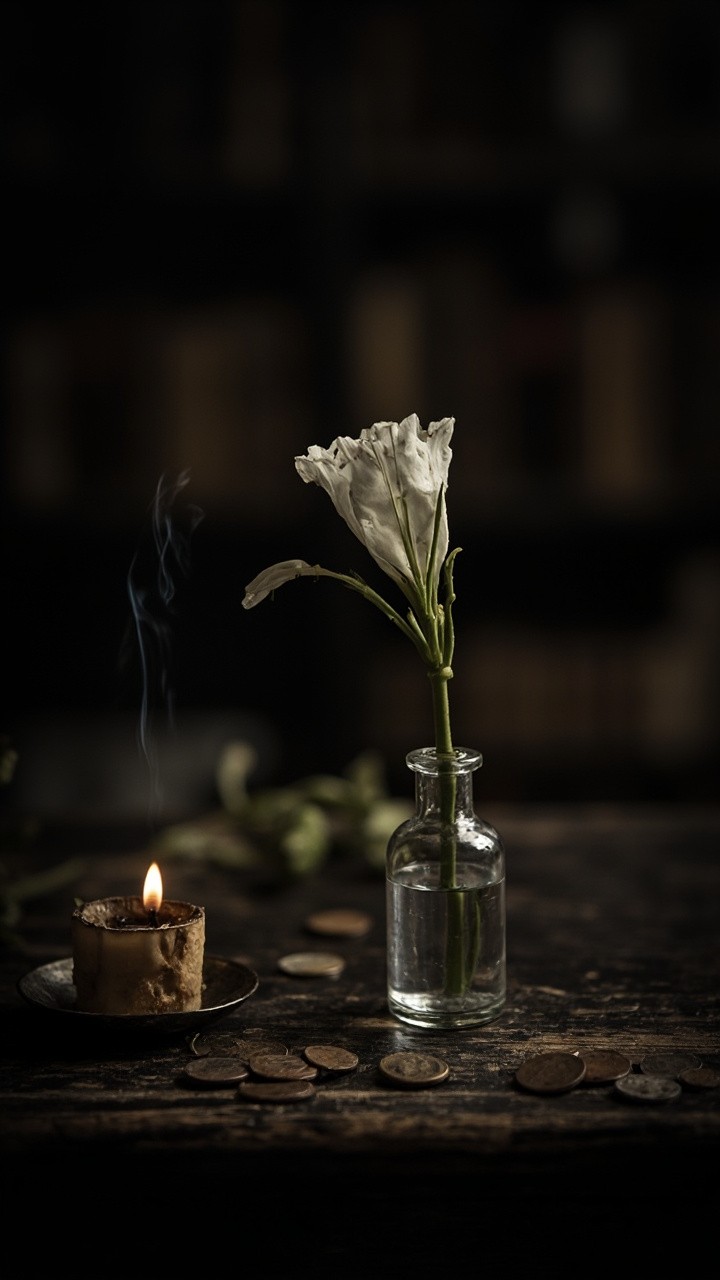 Ancient Hemlock Flower Display with Faded Coins and Candle