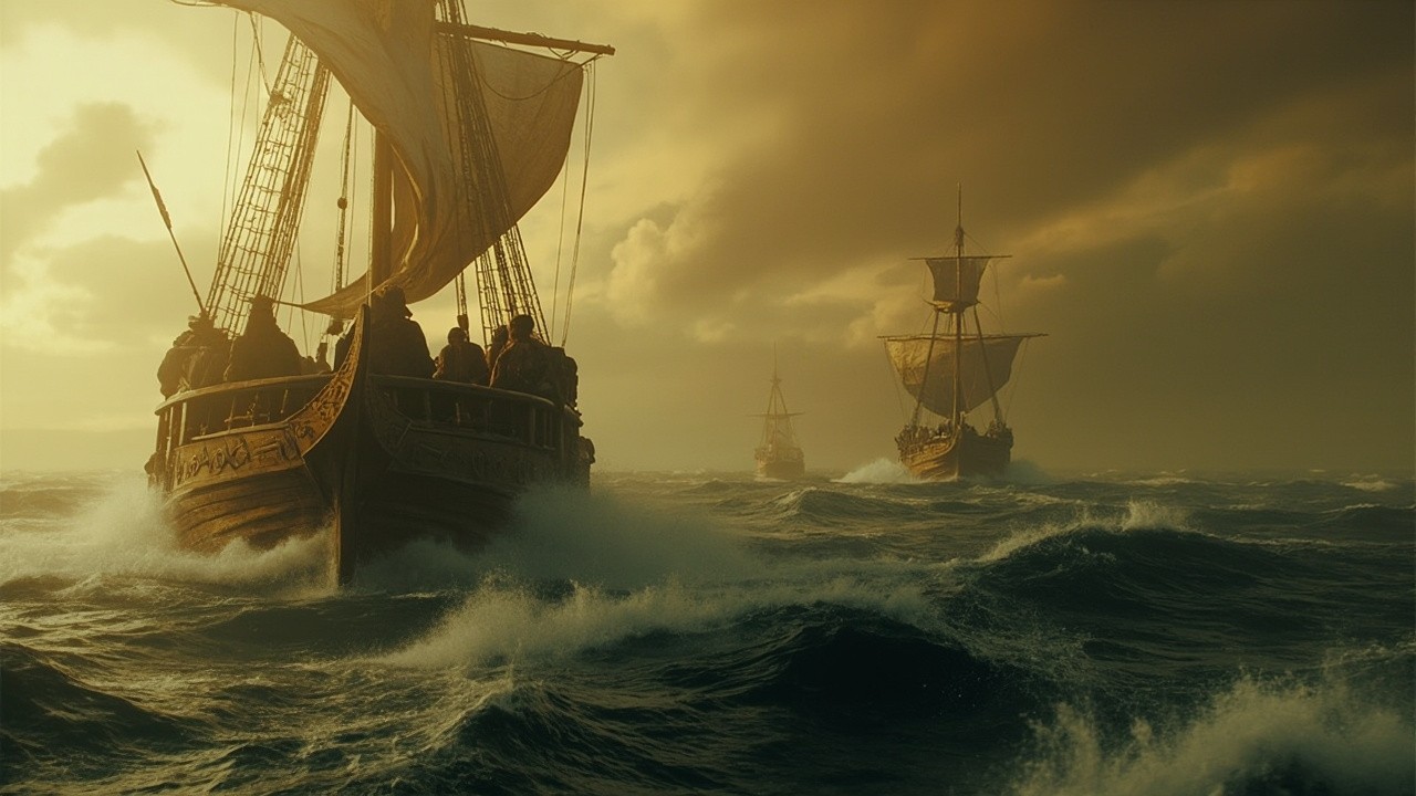 Ancient People Sailing in Stormy Waters