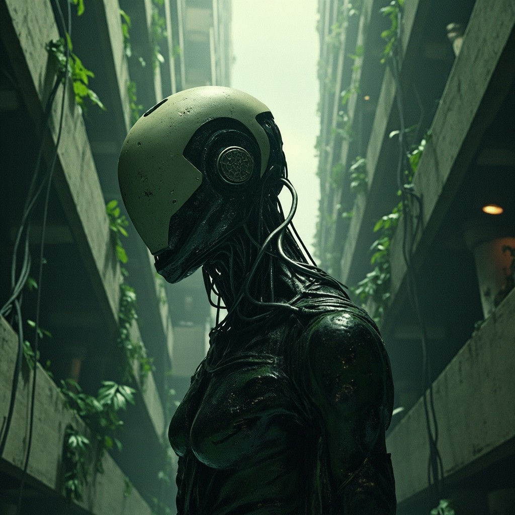 Android Roaming in Vined, Deserted City Ruins