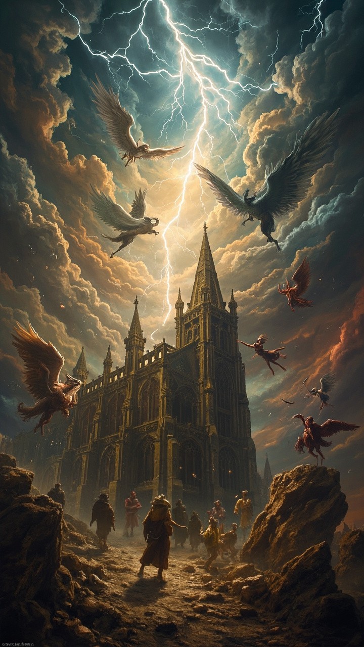 Angels and Demons Fight Above Ruined Cathedral