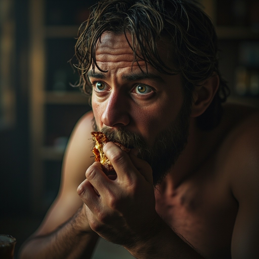 Angry Weak Man Eating Food