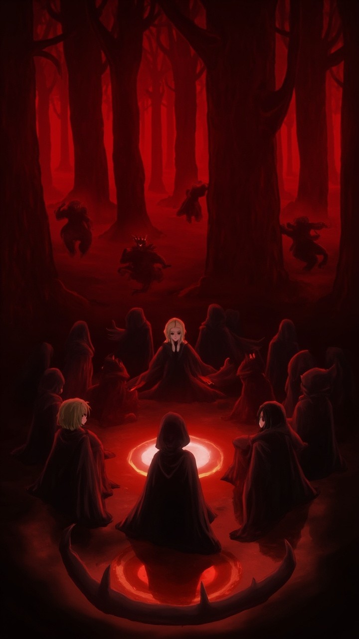 Anime Characters Performing Ritual in Enchanted Forest
