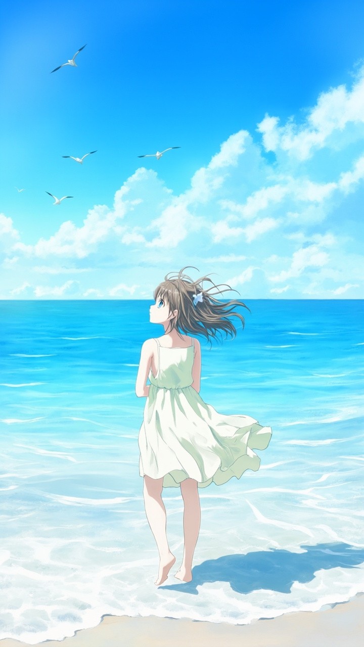Anime Girl Enjoying Midday Seaside Breeze