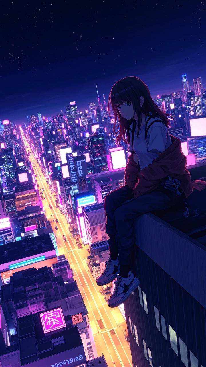 Anime Girl Gazing at Neon-Lit Tokyo Skyline