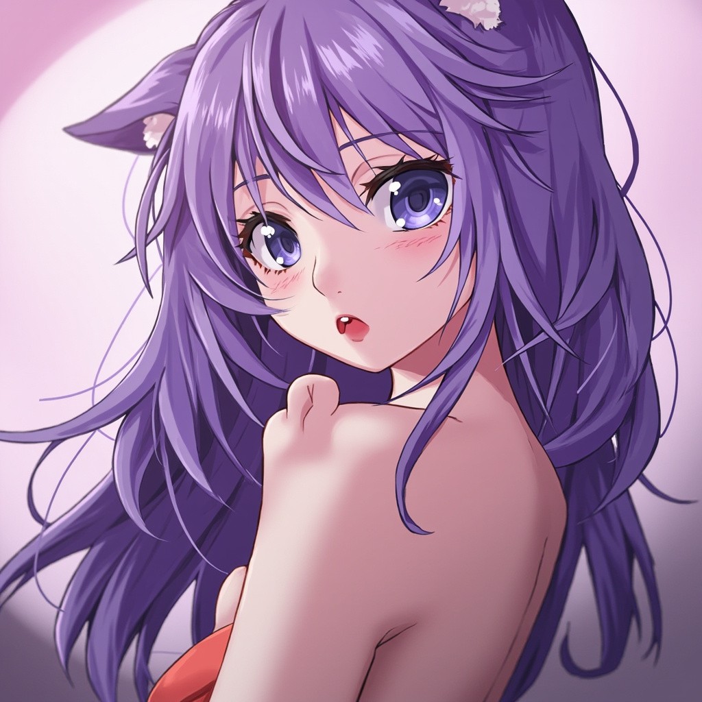 Anime Girl with Purple Hair and Neko Ears, Censored