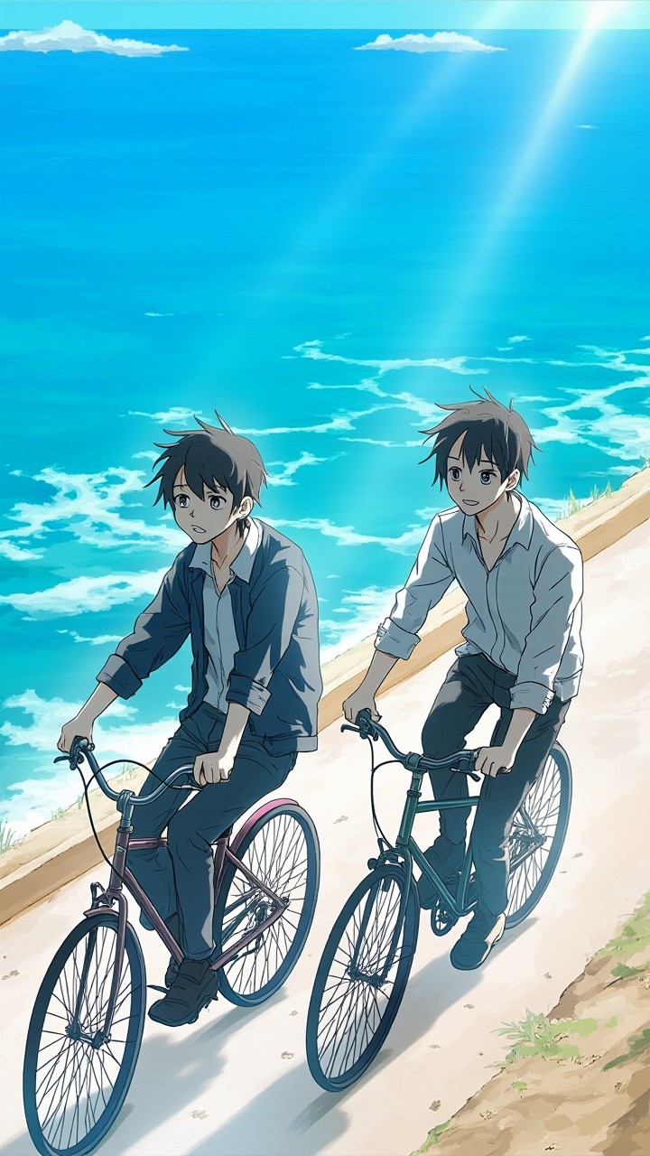 Anime Pair Cycling Along Sunny Coastal Route