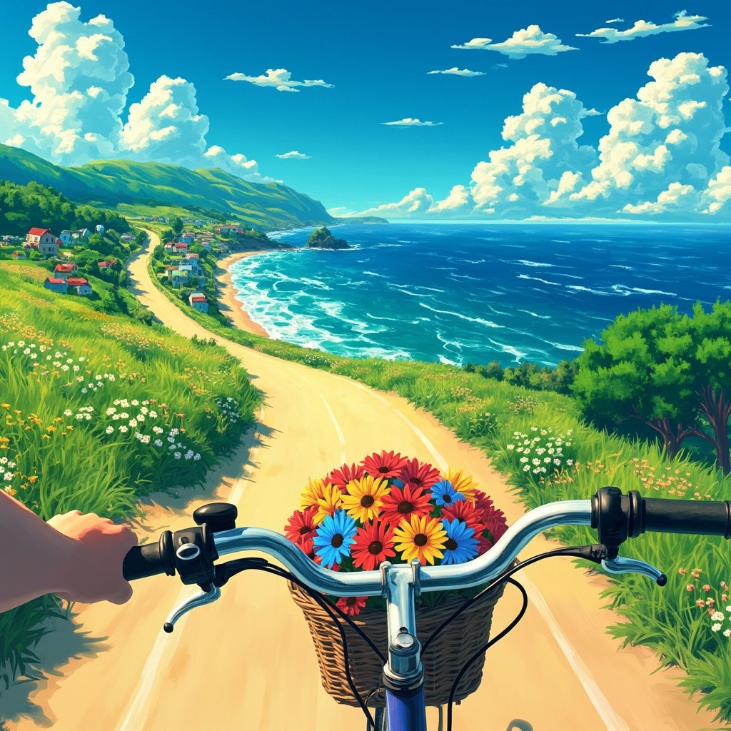 Anime-Style Scenic Bicycle Ride Downhill to Seaside