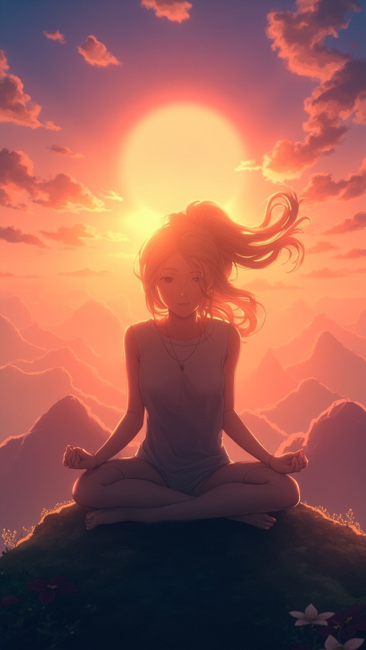 Anime Woman Meditating on a Mountaintop at Sunrise