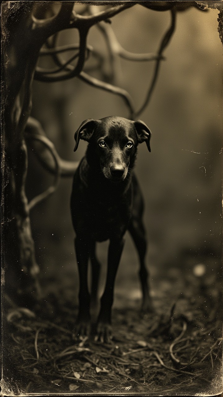 Antique Photo of Mysterious Dog in Ancient Forest