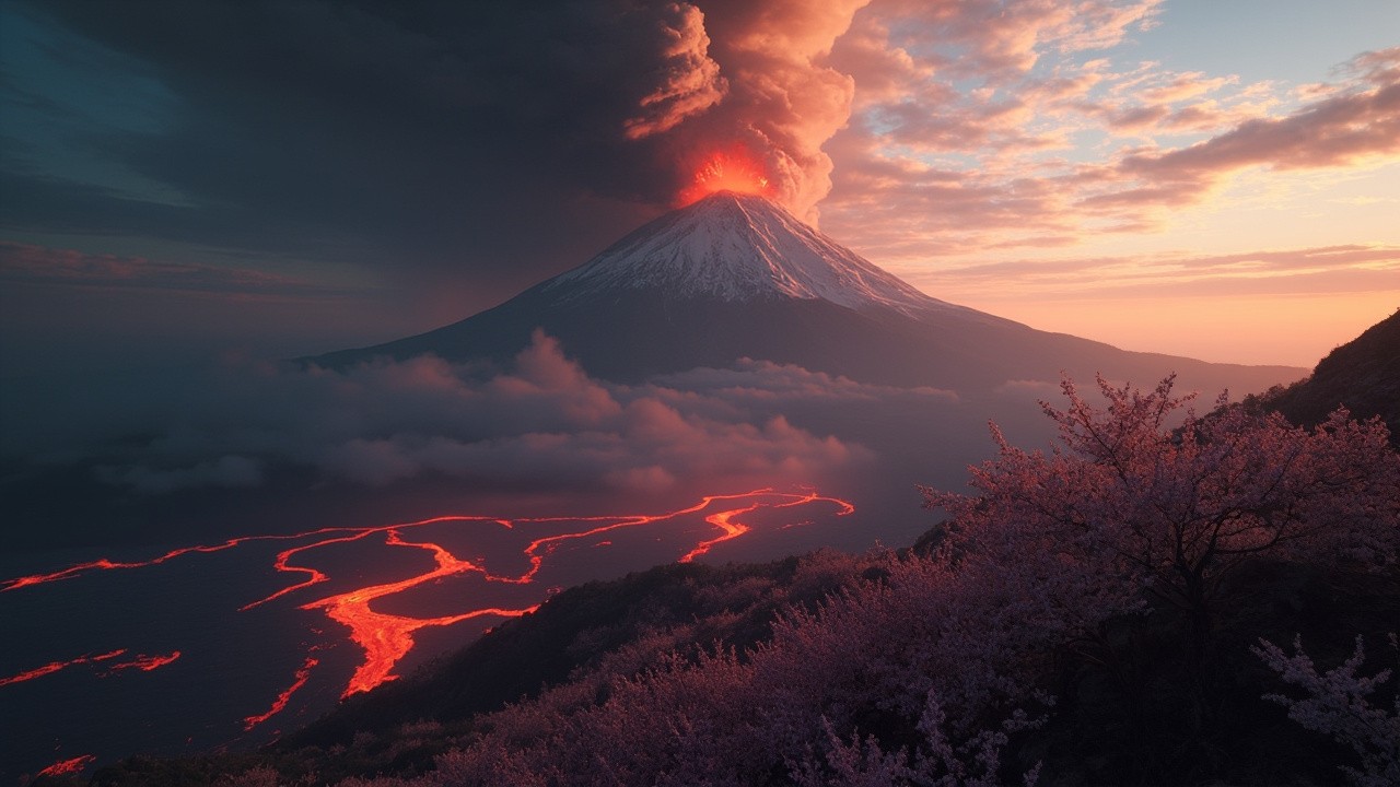 Apocalyptic Mount Fuji Eruption Amid Cherry Blossoms