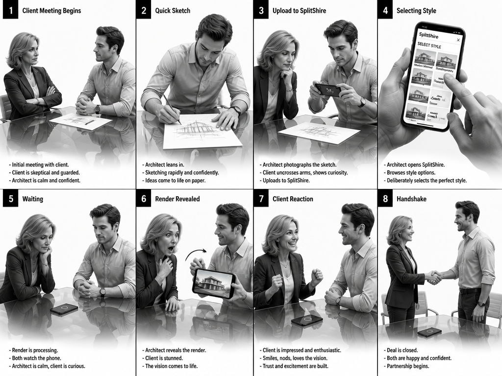 4x2 grayscale storyboard of architect-client meeting sequence. 4x2 grayscale storyboard of architect-client meeting sequence.