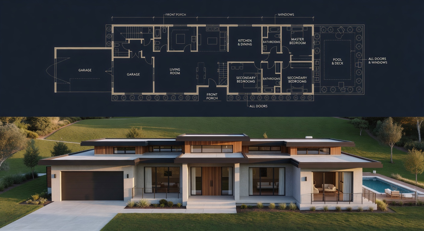 Modern Luxury Blueprint House with Photorealistic Exact Match Modern Luxury Blueprint House with Photorealistic Exact Match