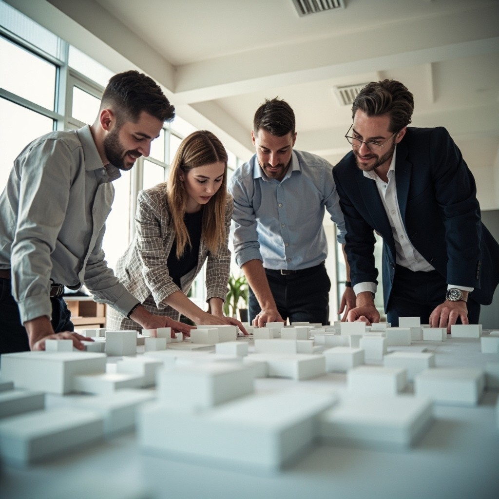 Architectural Team Works Together in Bright Office