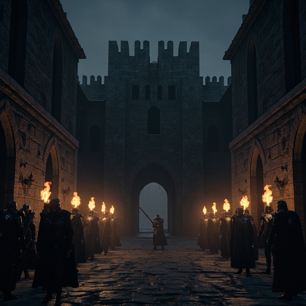 Armored Guards Patrolling a Lit Medieval Castle Courtyard