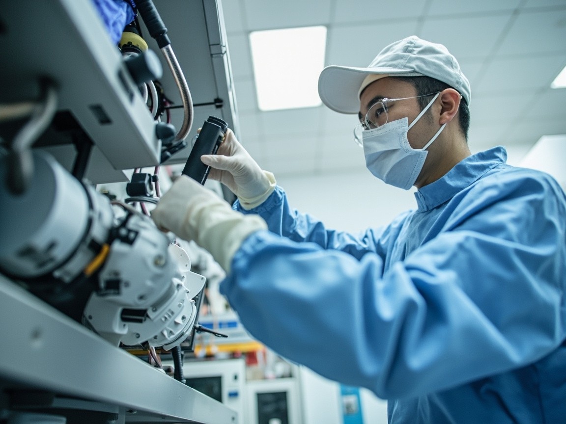 Asian Technician Working on Equipment in Cleanroom