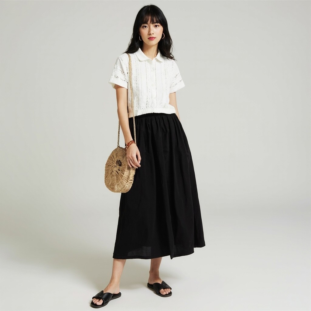 Asian Woman with Bangs in Long Black Skirt