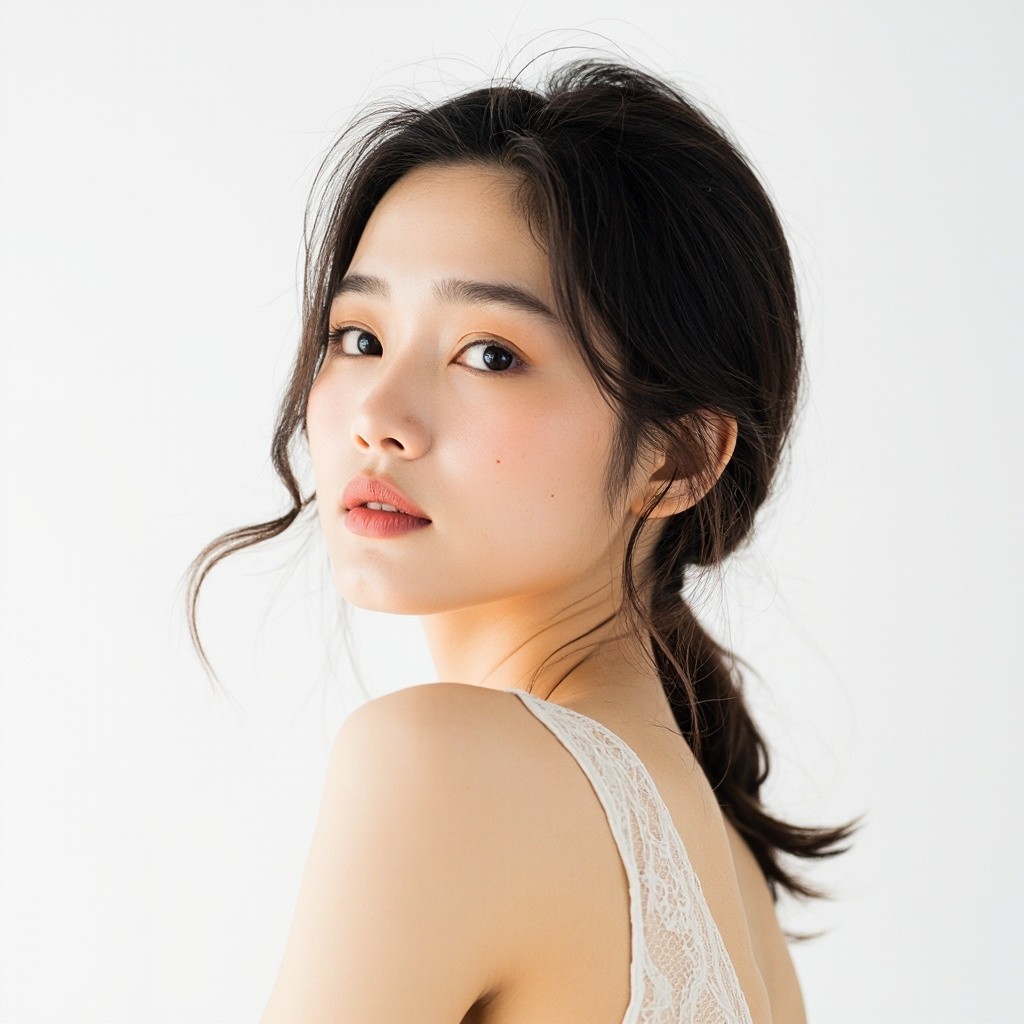 Asian Woman with Soft Hair on White Background