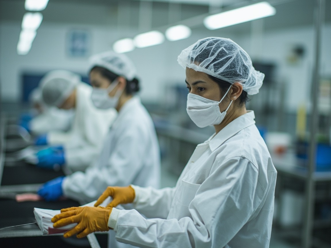 Asian Workers in Cleanroom Food Factory from Afar