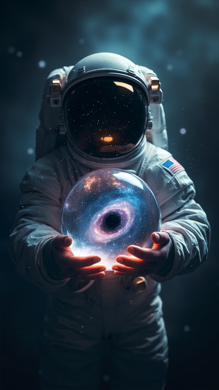 Astronaut Cradling Universe in Glass Orb in Space