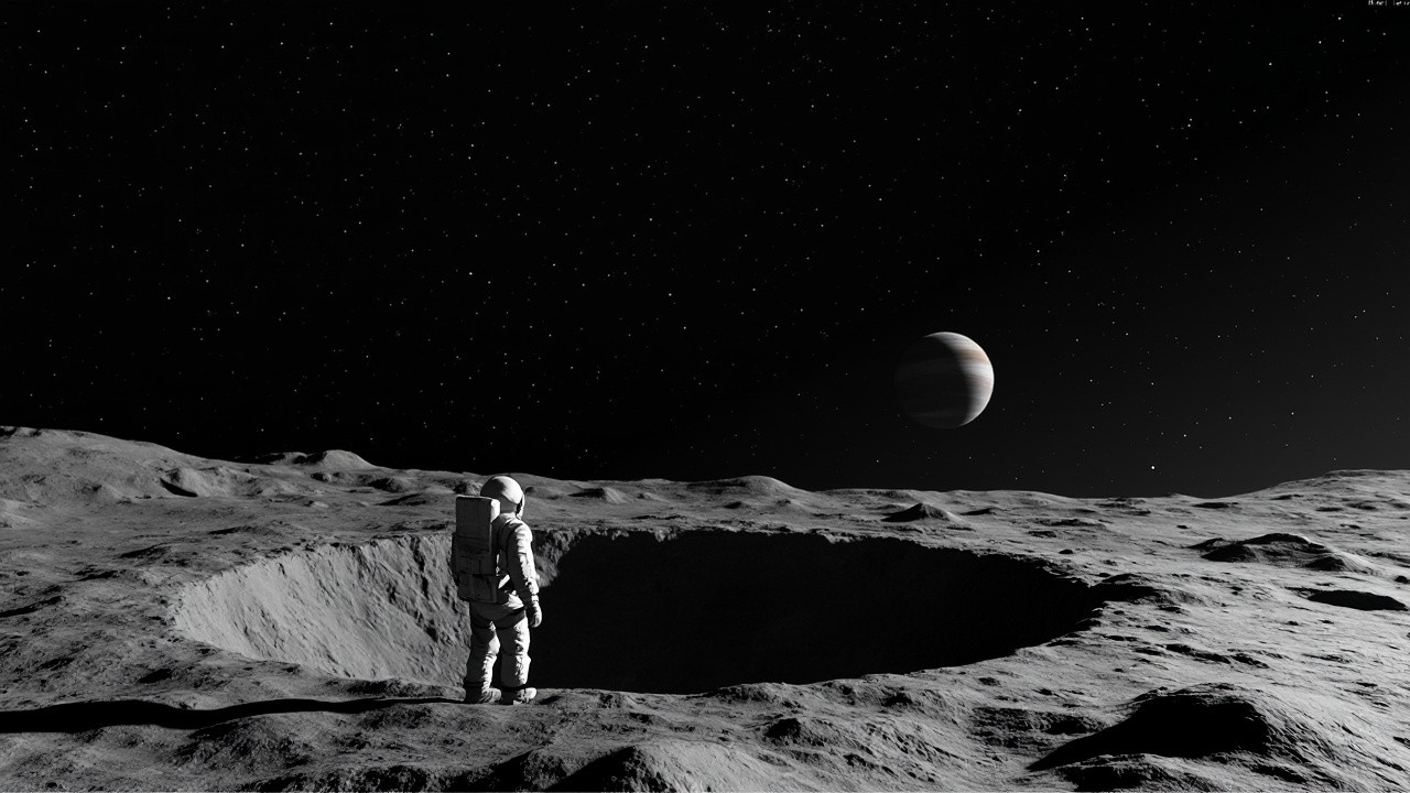 Astronaut Standing on Moon, Jupiter and Venus Visible