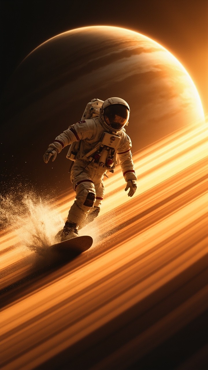 Astronaut Surfing on Jupiter's Glowing Rings Close-Up