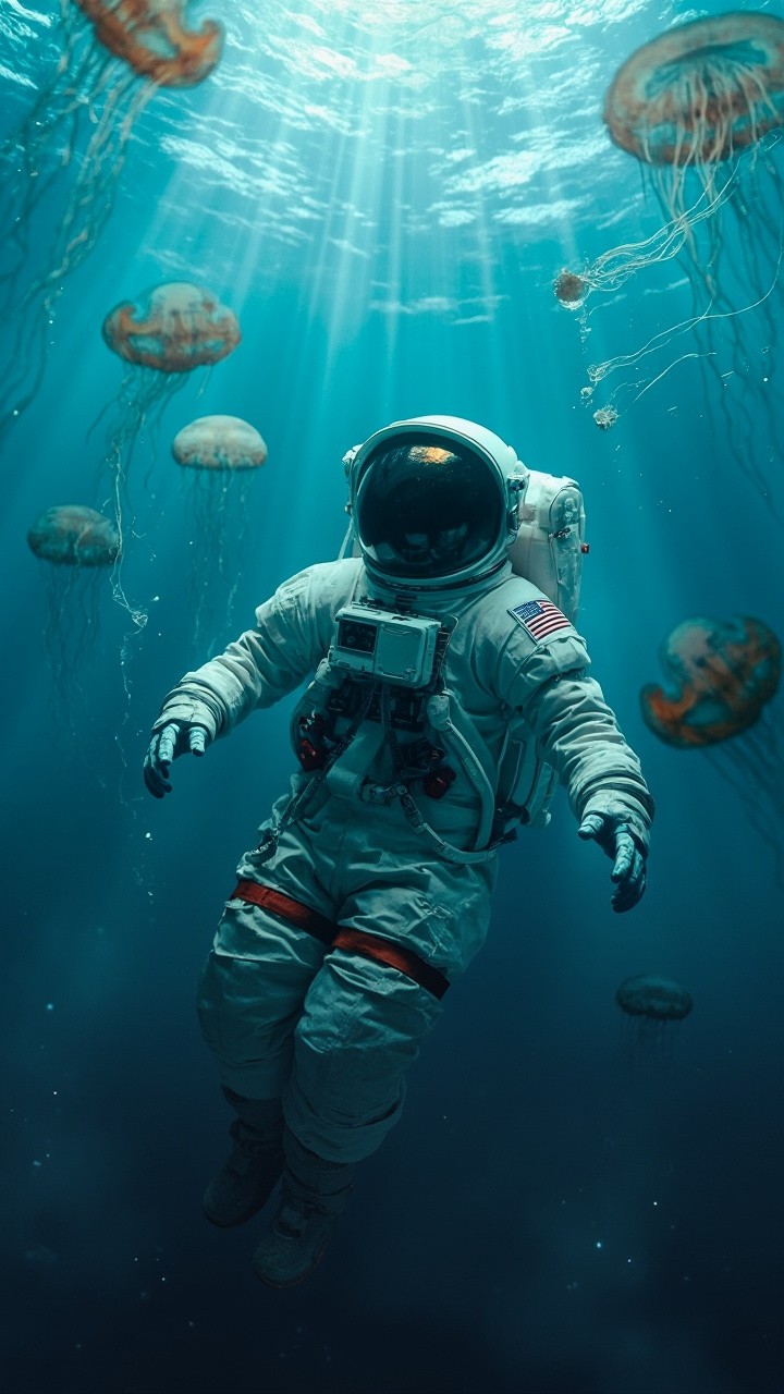 Astronaut and Jellyfish in Surreal Underwater Cosmos