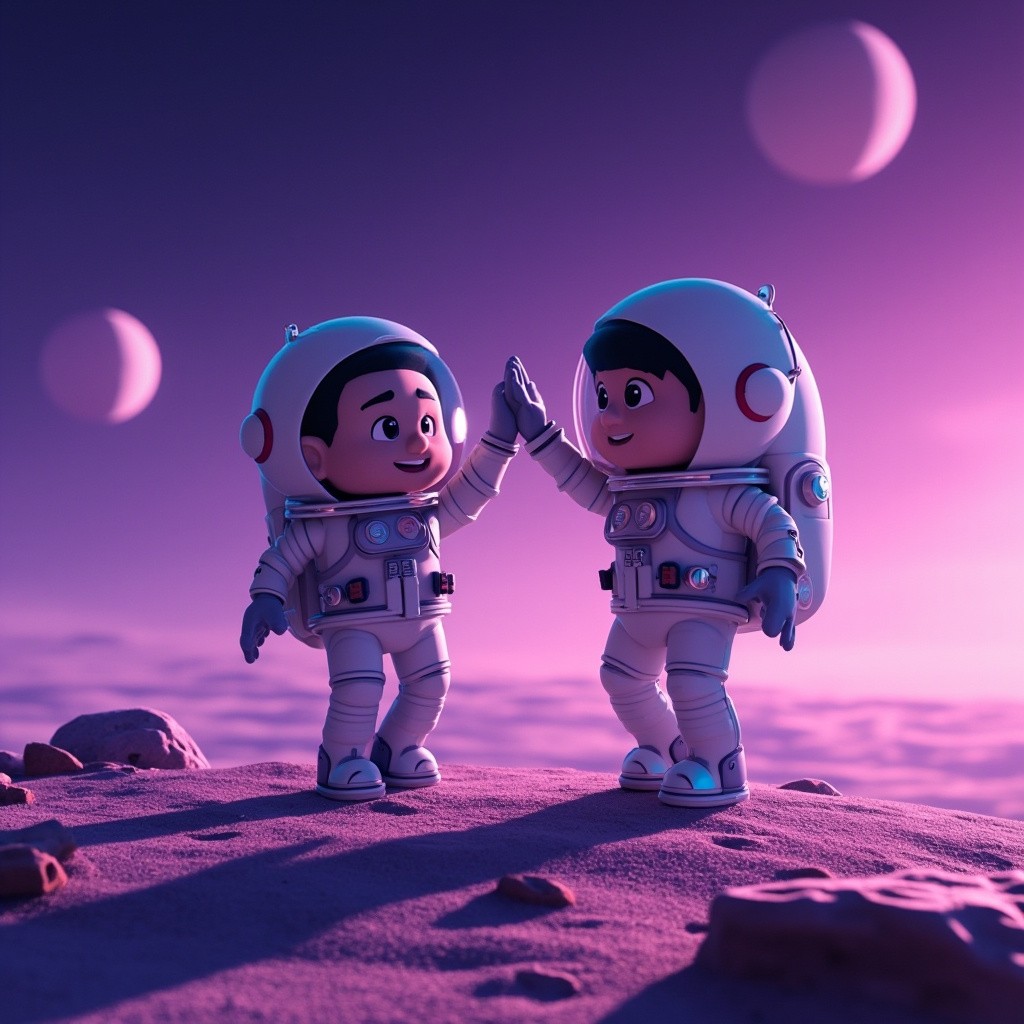 Astronauts High-Five on Purple Alien Planet