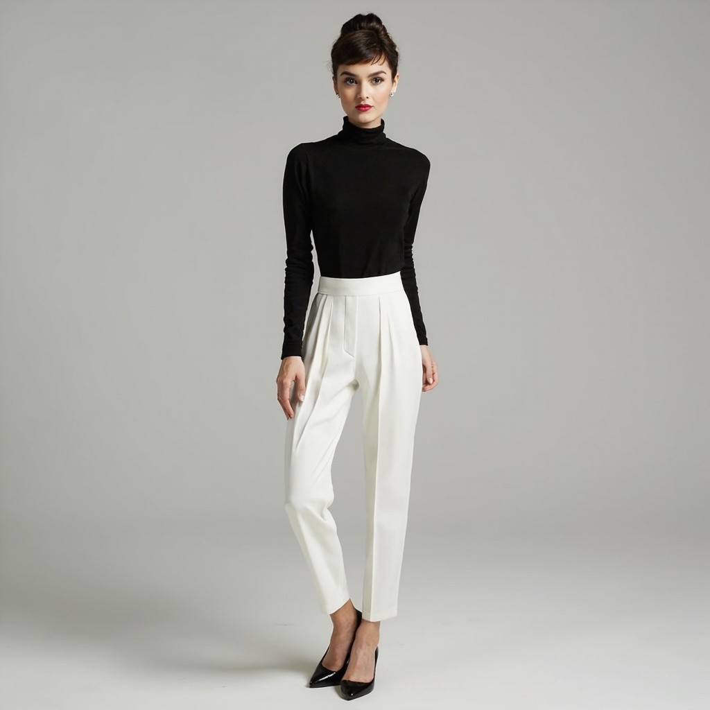 Audrey Hepburn Look-Alike in Chic Black and White Outfit