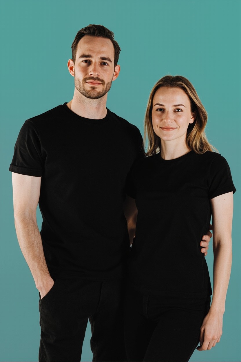 Australian Couple Showcasing Black T-Shirts on Teal Background