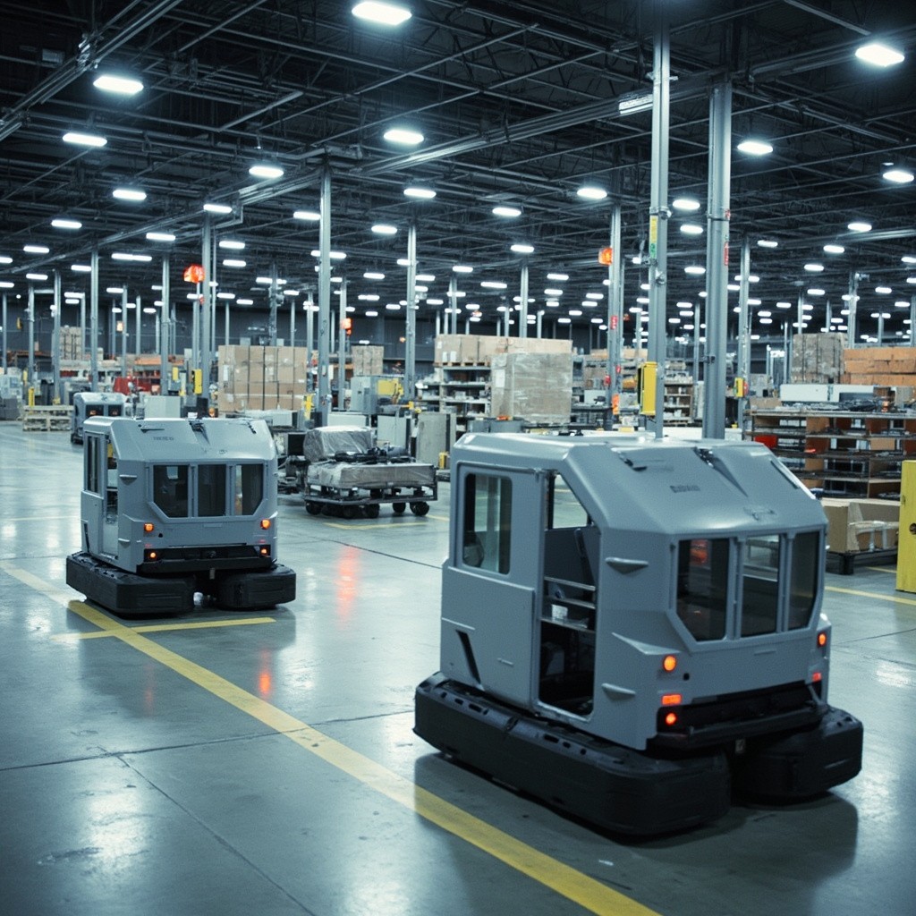 Automated Forklifts Moving Independently in a Factory