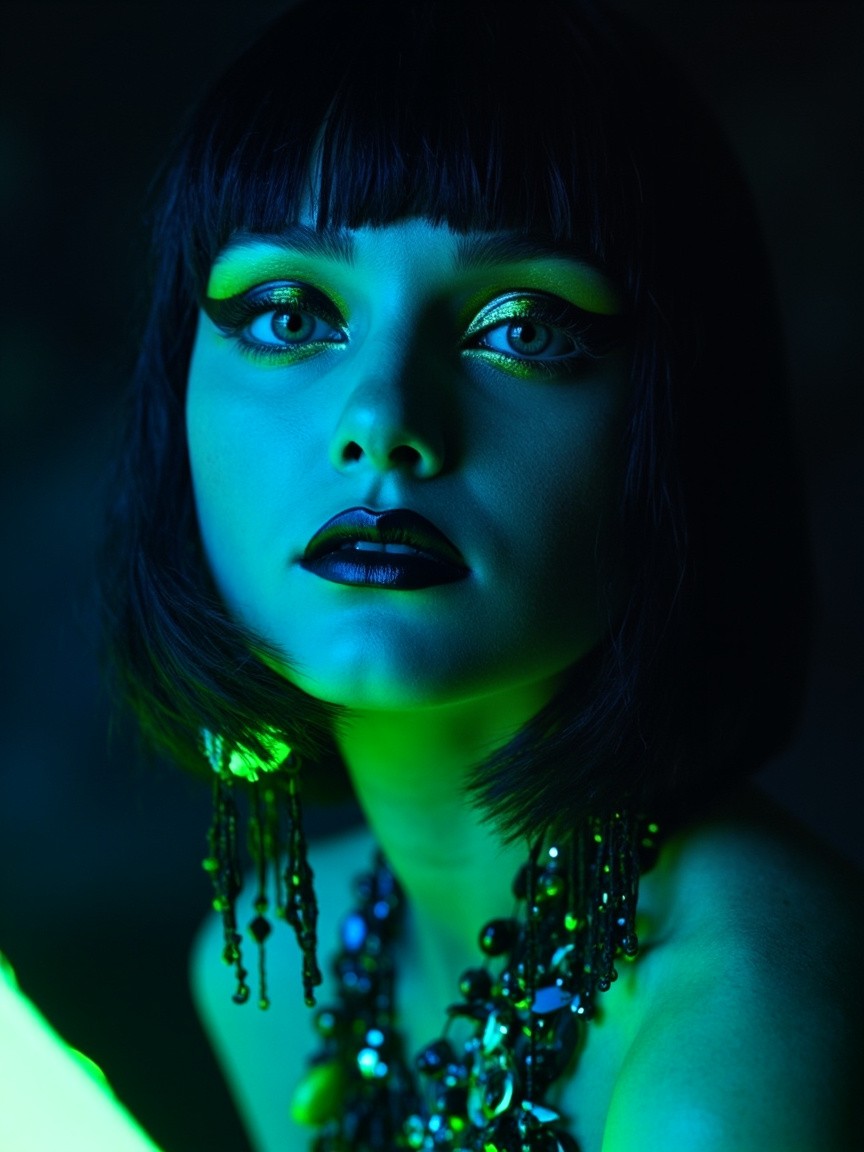 Avant-Garde Model with Neon Lights and Metallic Skin
