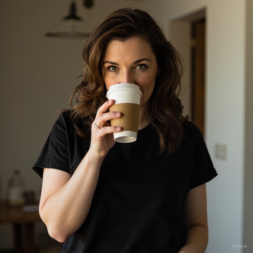 Average Mom Drinks Coffee in Casual Outfit