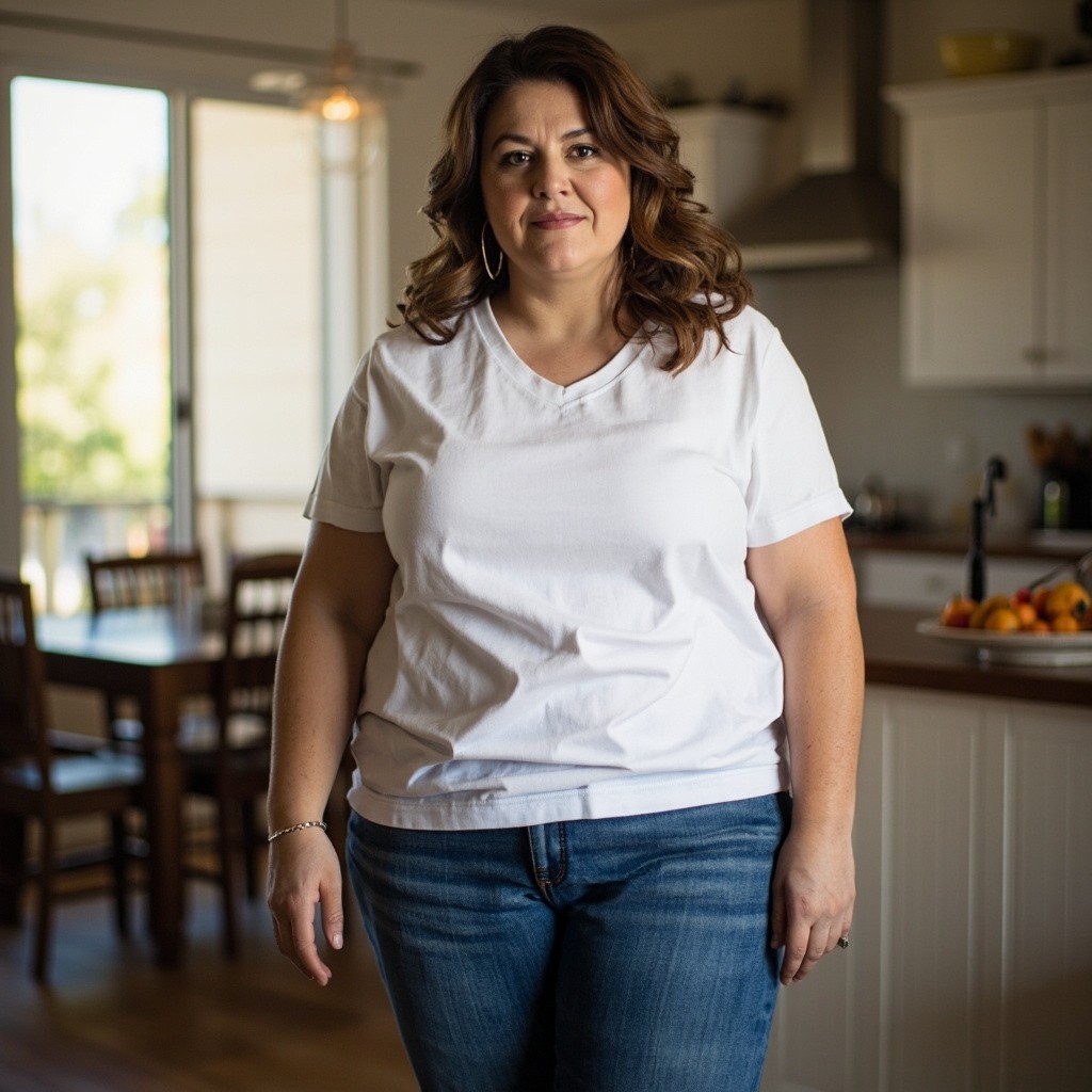 Average Mom in Kitchen with Casual Clothing