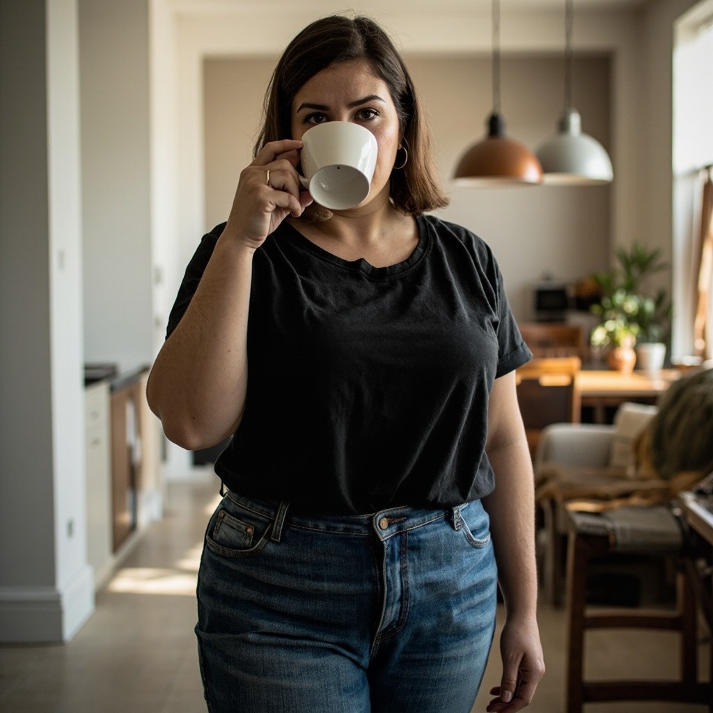 Average Mom with Coffee in Casual Outfit