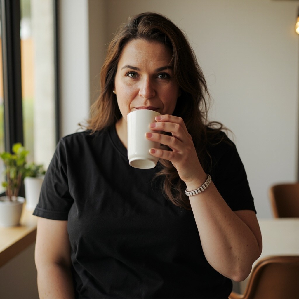 Average mom drinking coffee, standing indoors